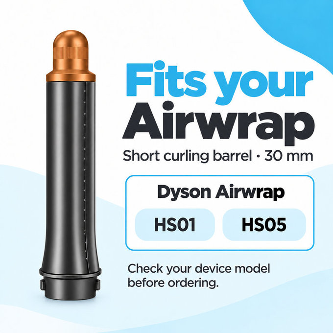 Rövid göndörítő henger Dyson Airwrap HS01, HS05 készülékhez, 30 mm, Nickel / Copper