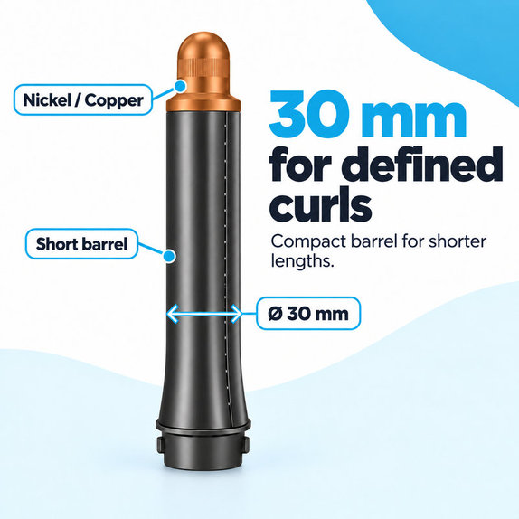 Rövid göndörítő henger Dyson Airwrap HS01, HS05 készülékhez, 30 mm, Nickel / Copper