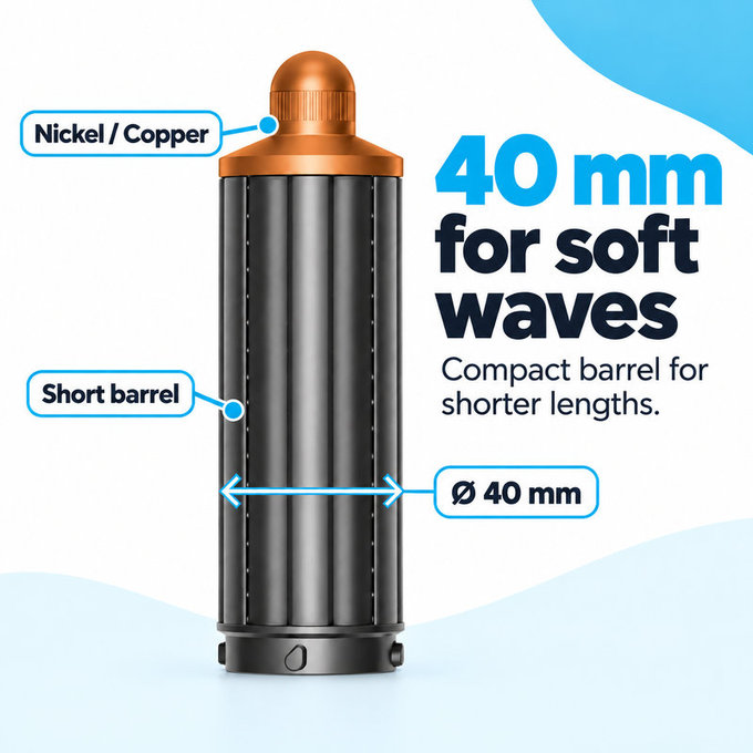 Rövid göndörítő henger Dyson Airwrap HS01, HS05 készülékhez, 40 mm, Nickel / Copper