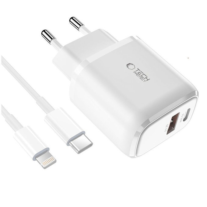 Hálózati töltő C20W 2-PORT PD 20W / QC3.0 + Lightning Cable, fehér, Tech-Protect