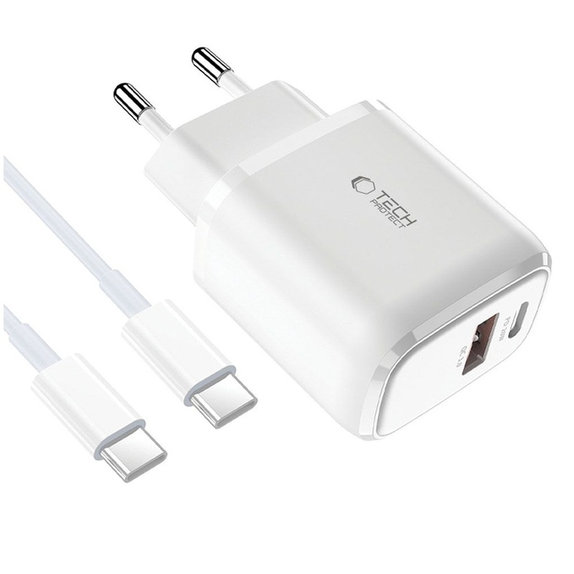 Hálózati töltő C20W 2-PORT PD 20W / QC3.0 + USB-C Cable, fehér, Tech-Protect