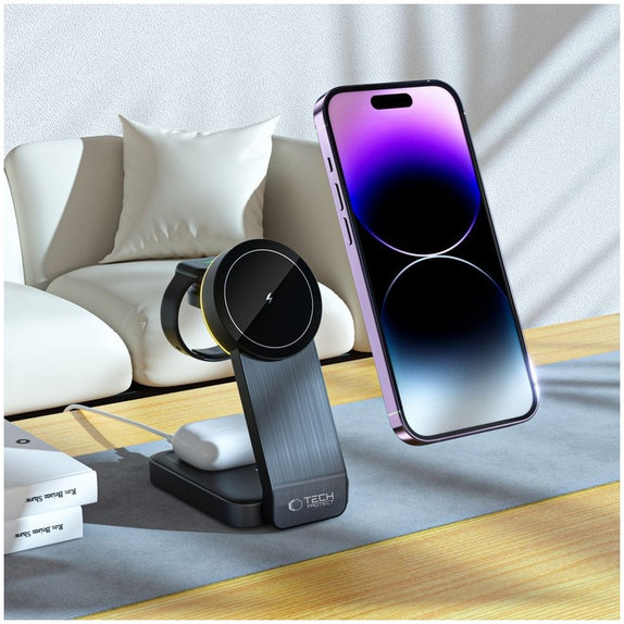 Vezeték nélküli töltő QI15W-A28 3IN1 Magnetic MagSafe, fekete, Tech-Protect