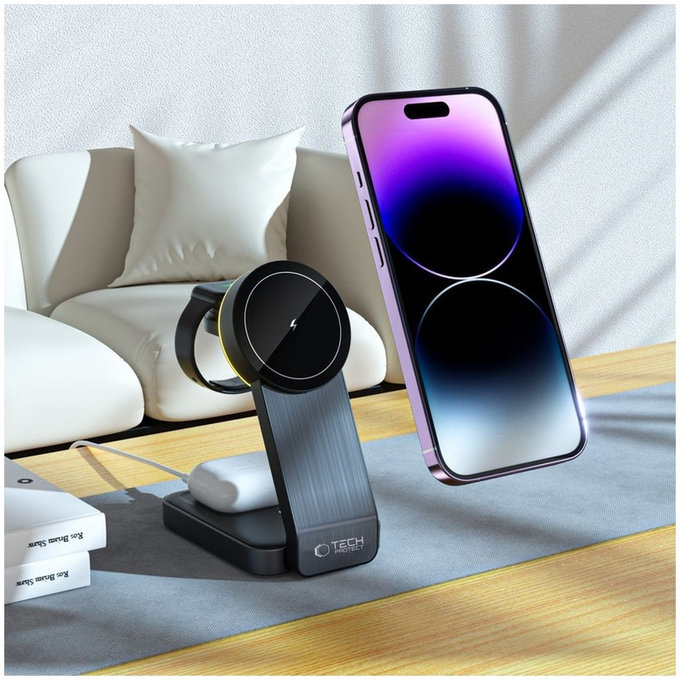 Vezeték nélküli töltő QI15W-A28 3IN1 Magnetic MagSafe, fekete, Tech-Protect