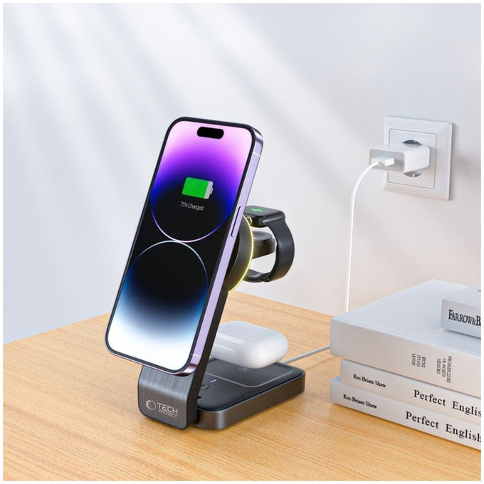 Vezeték nélküli töltő QI15W-A28 3IN1 Magnetic MagSafe, fekete, Tech-Protect