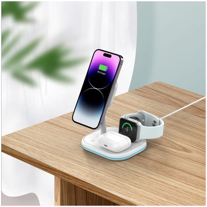 Vezeték nélküli töltő QI15W-A27 3IN1 Magnetic MagSafe, fehér, Tech-Protect