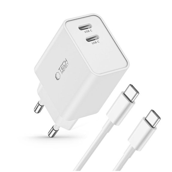 Hálózati töltő C35W 2-PORT PD 35W + USB-C Cable, fehér, Tech-Protect