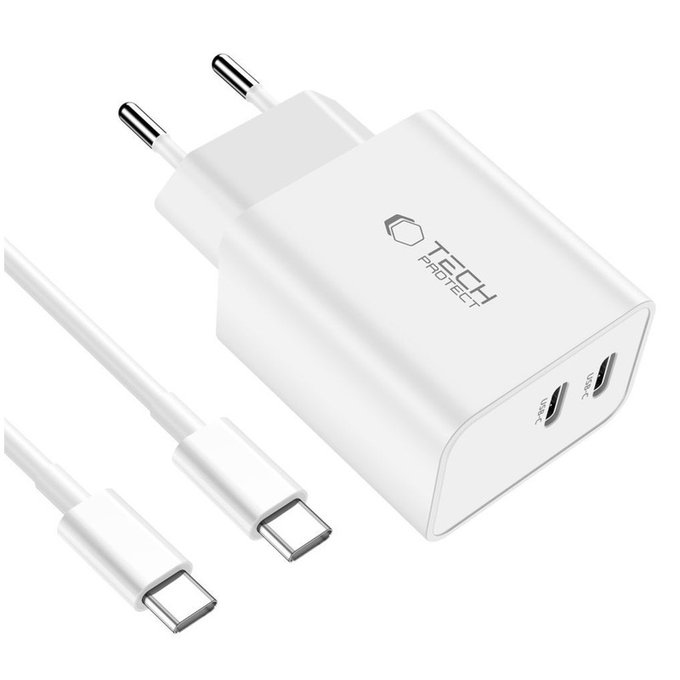 Hálózati töltő C35W 2-PORT PD 35W + USB-C Cable, fehér, Tech-Protect