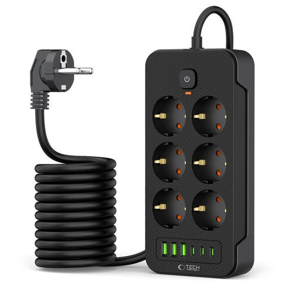 Hálózati töltő PC6X6 Power Strip 3 USB & 3 USB-C & 6 Socket 200cm, fekete, Tech-Protect