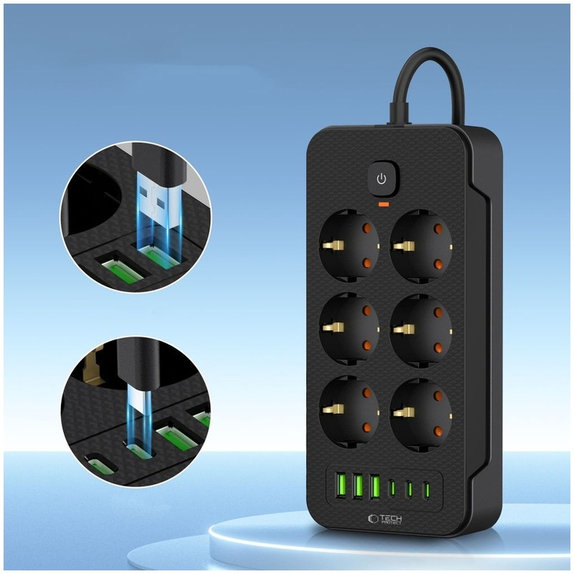Hálózati töltő PC6X6 Power Strip 3 USB & 3 USB-C & 6 Socket 200cm, fekete, Tech-Protect