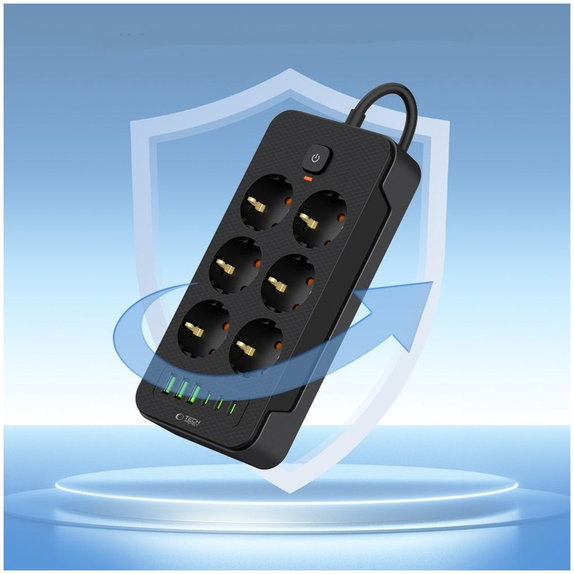 Hálózati töltő PC6X6 Power Strip 3 USB & 3 USB-C & 6 Socket 200cm, fekete, Tech-Protect