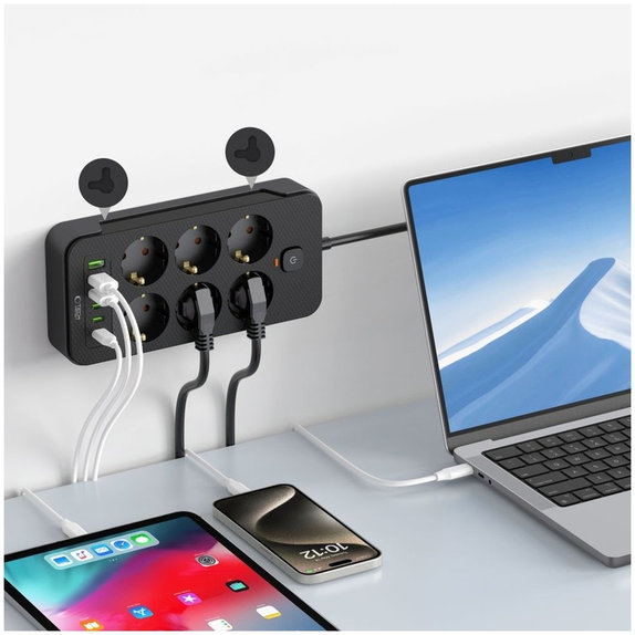 Hálózati töltő PC6X6 Power Strip 3 USB & 3 USB-C & 6 Socket 200cm, fekete, Tech-Protect