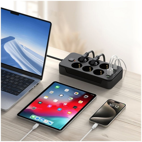 Hálózati töltő PC6X6 Power Strip 3 USB & 3 USB-C & 6 Socket 200cm, fekete, Tech-Protect