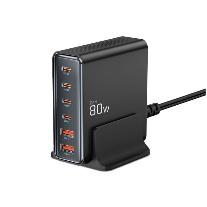 Hálózati töltő DC80W-GAN 6-PORT PD 80W / QC3.0, fekete, Tech-Protect