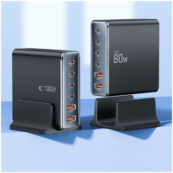 Hálózati töltő DC80W-GAN 6-PORT PD 80W / QC3.0, fekete, Tech-Protect