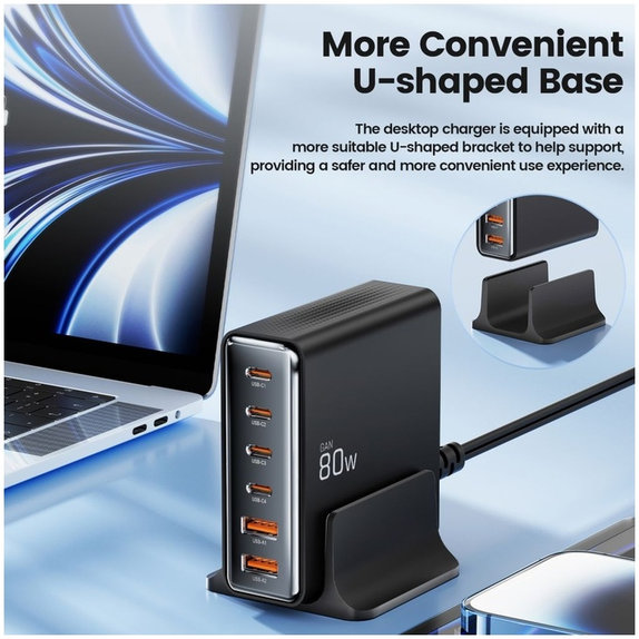 Hálózati töltő DC80W-GAN 6-PORT PD 80W / QC3.0, fekete, Tech-Protect