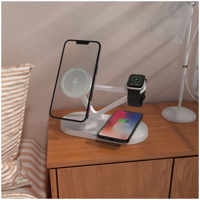 Vezeték nélküli töltő QI15W-A41 3IN1 Magnetic MagSafe, fehér, Tech-Protect