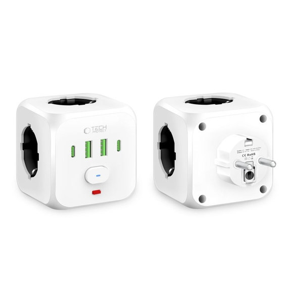 Hálózati töltő PCL3X4 Power Socket 2 USB & 2 USB-C & 3 Socket, fehér, Tech-Protect