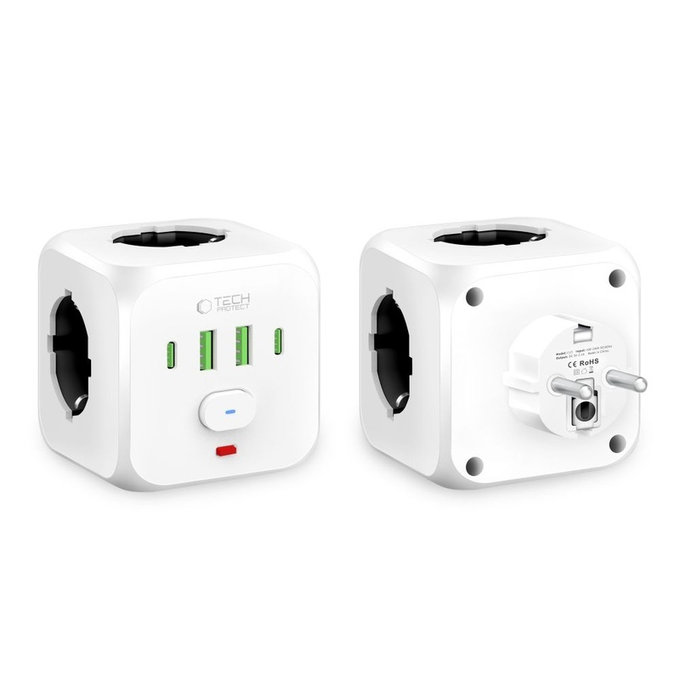 Hálózati töltő PCL3X4 Power Socket 2 USB & 2 USB-C & 3 Socket, fehér, Tech-Protect