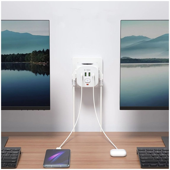Hálózati töltő PCL3X4 Power Socket 2 USB & 2 USB-C & 3 Socket, fehér, Tech-Protect