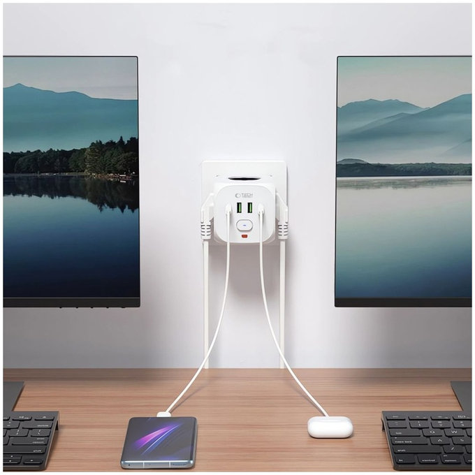 Hálózati töltő PCL3X4 Power Socket 2 USB & 2 USB-C & 3 Socket, fehér, Tech-Protect