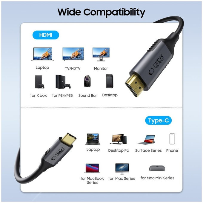 Kábel Ultraboost Cable USB-C / HDMI 2.0 4K 60Hz 180cm, fekete, Tech-Protect