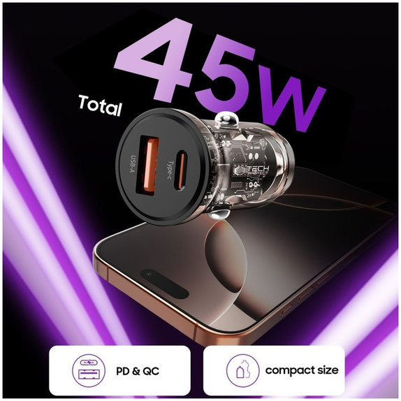 Autós töltő CC01 2-PORT PD 45W / QC3.0, fekete, Tech-Protect