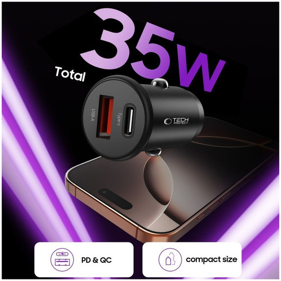 Autós töltő CC02 2-PORT PD 35W / QC3.0, fekete, Tech-Protect