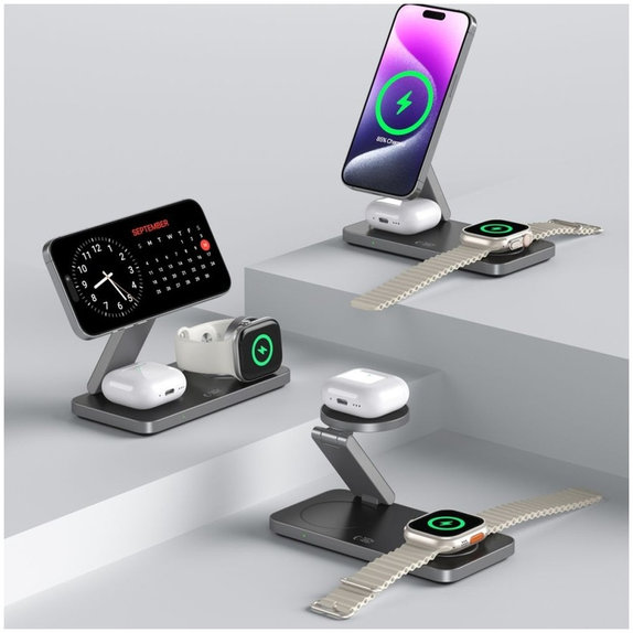 Vezeték nélküli töltő QI15W-A47 3IN1 Magnetic MagSafe, fekete, Tech-Protect