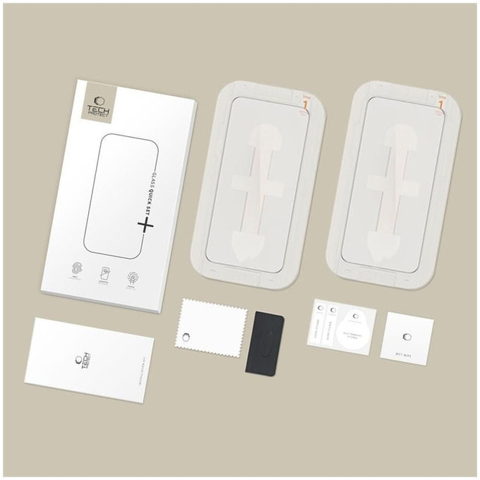 Edzett üveg Quick Set+ 2-PACK iPhone 15 / 16, fekete, Tech-Protect