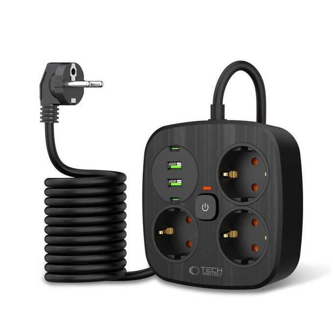 Hálózati töltő PCS3X4 Power Strip 2 USB & 2 USB-C & 3 Socket 200cm, fekete, Tech-Protect