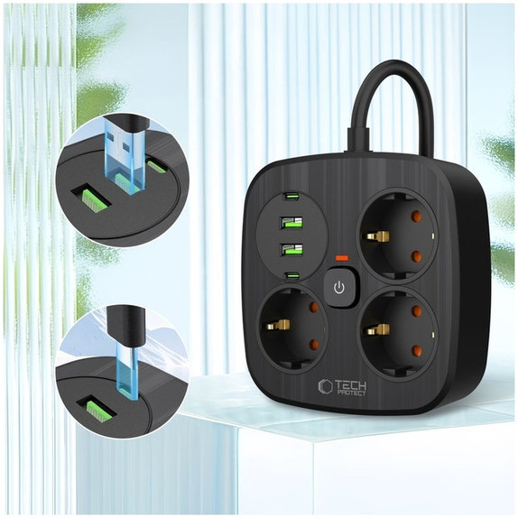 Hálózati töltő PCS3X4 Power Strip 2 USB & 2 USB-C & 3 Socket 200cm, fekete, Tech-Protect