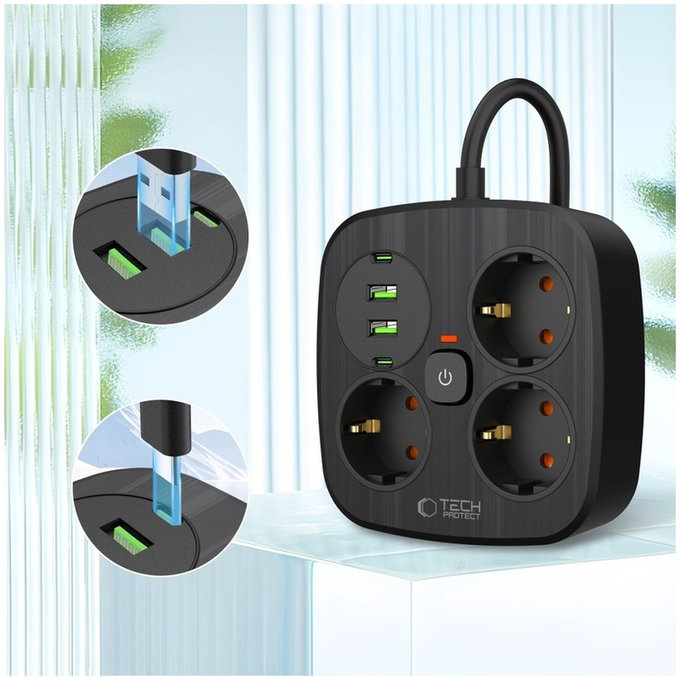 Hálózati töltő PCS3X4 Power Strip 2 USB & 2 USB-C & 3 Socket 200cm, fekete, Tech-Protect