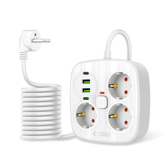 Hálózati töltő PCS3X4 Power Strip 2 USB & 2 USB-C & 3 Socket 200cm, fehér, Tech-Protect