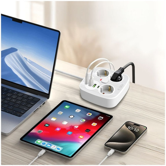 Hálózati töltő PCS3X4 Power Strip 2 USB & 2 USB-C & 3 Socket 200cm, fehér, Tech-Protect