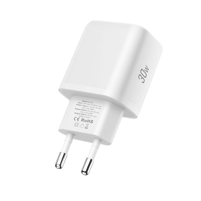 Hálózati töltő NCA30 2-PORT PD 30W / QC3.0 + Lightning Cable, fehér, Tech-Protect