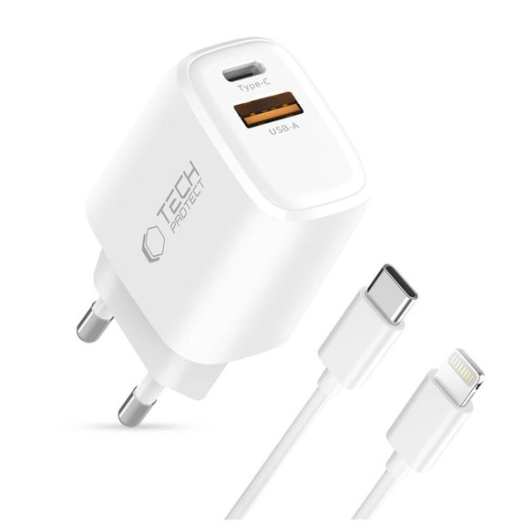Hálózati töltő NCA20 2-PORT PD 20W / QC3.0 + Lightning Cable, fehér, Tech-Protect