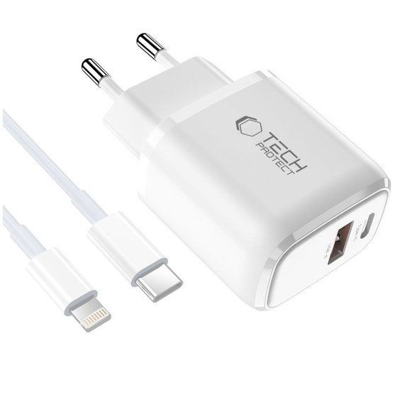 Hálózati töltő NCA20 2-PORT PD 20W / QC3.0 + Lightning Cable, fehér, Tech-Protect