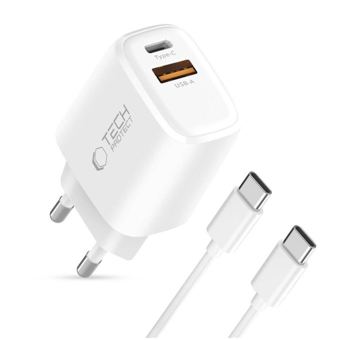 Hálózati töltő NCA20 2-PORT PD 20W / QC3.0 + USB-C Cable, fehér, Tech-Protect