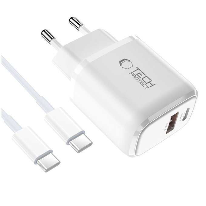 Hálózati töltő NCA20 2-PORT PD 20W / QC3.0 + USB-C Cable, fehér, Tech-Protect