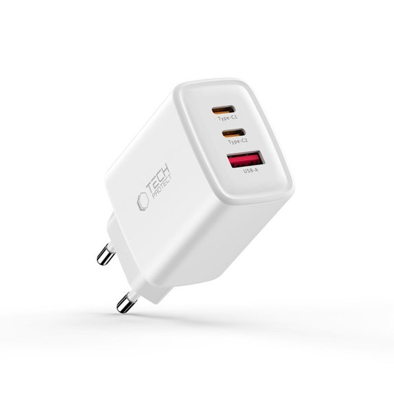 Hálózati töltő NCA65W-GAN 3-PORT PD 65W / QC3.0, fehér, Tech-Protect