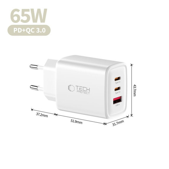 Hálózati töltő NCA65W-GAN 3-PORT PD 65W / QC3.0, fehér, Tech-Protect