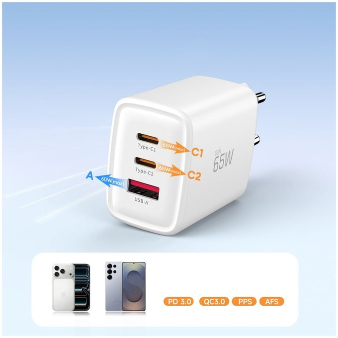 Hálózati töltő NCA65W-GAN 3-PORT PD 65W / QC3.0, fehér, Tech-Protect