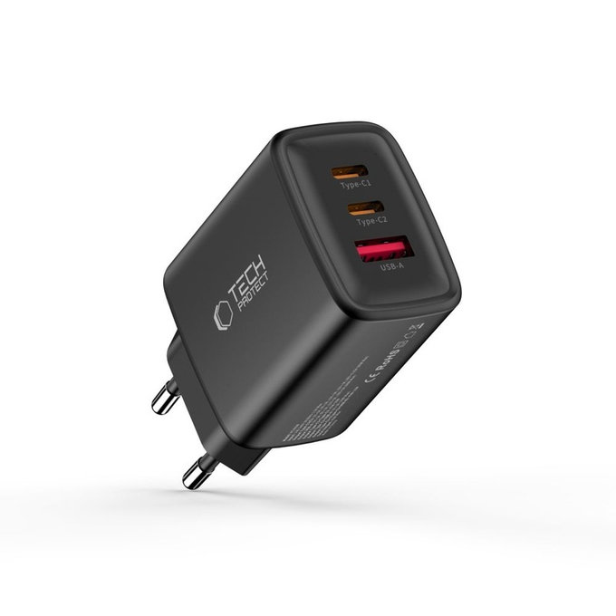 Hálózati töltő NCA65W-GAN 3-PORT PD 65W / QC3.0, fekete, Tech-Protect