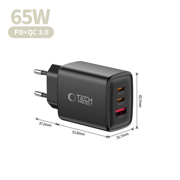 Hálózati töltő NCA65W-GAN 3-PORT PD 65W / QC3.0, fekete, Tech-Protect