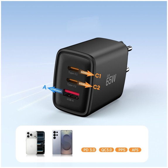 Hálózati töltő NCA65W-GAN 3-PORT PD 65W / QC3.0, fekete, Tech-Protect