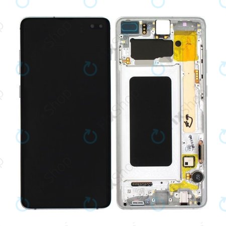 Samsung Galaxy S10 Plus G975F - LCD Kijelző + Érintőüveg + Keret (Prism White) - GH82-18849B, GH82-18834G, GH82-18849G, GH82-18834B Genuine Service Pack