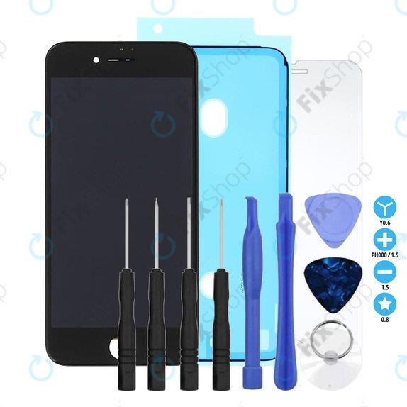 Kijelző iPhone 8, SE (2020), SE (2022), Black, Érintőüveg kerettel, Ragasztó (Adhesive), Edzett üveg, Szerszámok