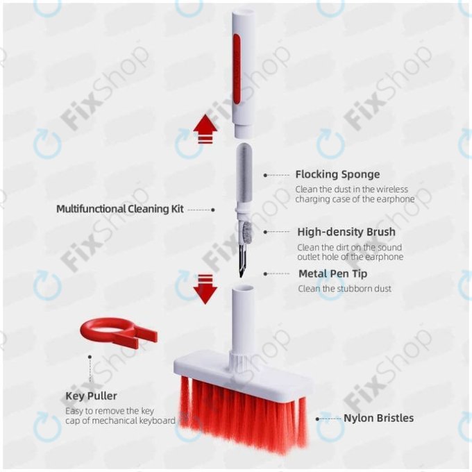 Többfunkciós Tisztítókefe + Tisztítótoll + Kulcslehúzó (Piros)