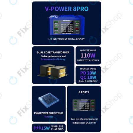 Mechanic V-Power 8 Pro - USB Töltőállomás (6x USB-A, 1x QC 3.0, 1x PD 20W)