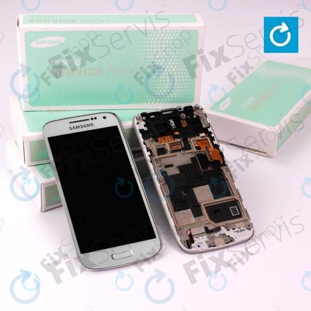 Samsung Galaxy S4 Mini i9195 - LCD Kijelző + Érintőüveg + Keret (White Frost) - GH97-14766B Genuine Service Pack